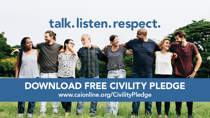 CAIsocial's tweet image. CAI’s Civility Pledge helps #Condos and #HOAs foster a climate where residents find common ground despite their differences. Join the hundreds of communities who adopted our Civility Pledge: bit.ly/4dbGeKy #WeAreCAI #community