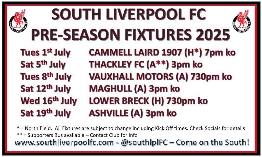 South Liverpool FC (@southlplfc) on Twitter photo We can’t wait to get our pre-season up and running this week. Please note our updated pre-season fixtures. A big thanks to all <a href="/lowerbreck/">LOWER BRECK FC</a> for agreeing to play us on the 16th 👏🏻. A great line up of games. We can’t wait to get our pre-season up and running this week. Please note our updated pre-season fixtures. A big thanks to all <a href="/lowerbreck/">LOWER BRECK FC</a> for agreeing to play us on the 16th 👏🏻. A great line up of games.