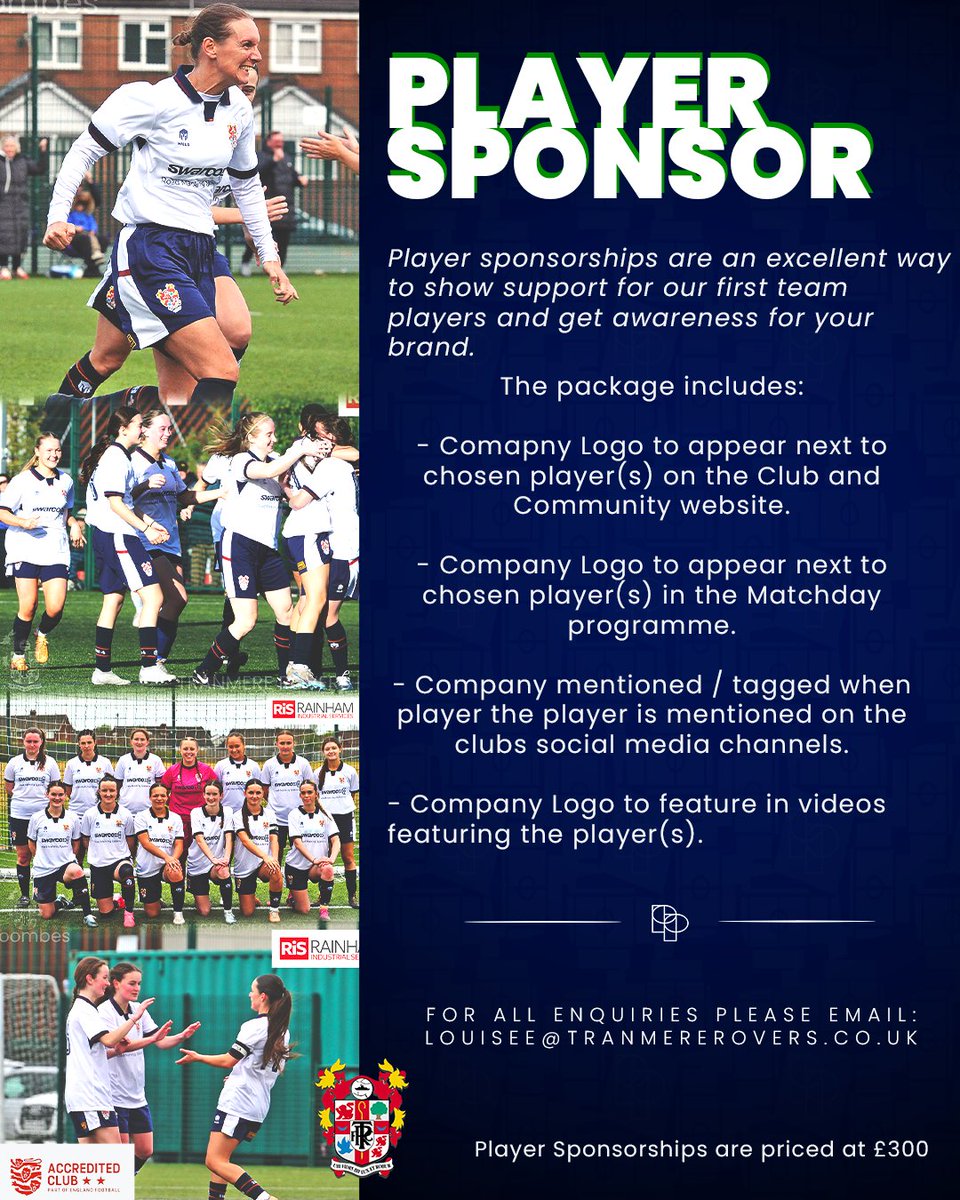 Tranmere Rovers Women and Girls (@trfcwomen) on Twitter photo 🤝Want to sponsor one of our first team players and have your company seen by thousands across social media and beyond?
Please see the full package details below and to register your interest in this fantastic opportunity email: LouiseE@tranmererovers.co.uk
#TRFC #SWA 🤝Want to sponsor one of our first team players and have your company seen by thousands across social media and beyond?
Please see the full package details below and to register your interest in this fantastic opportunity email: LouiseE@tranmererovers.co.uk
#TRFC #SWA