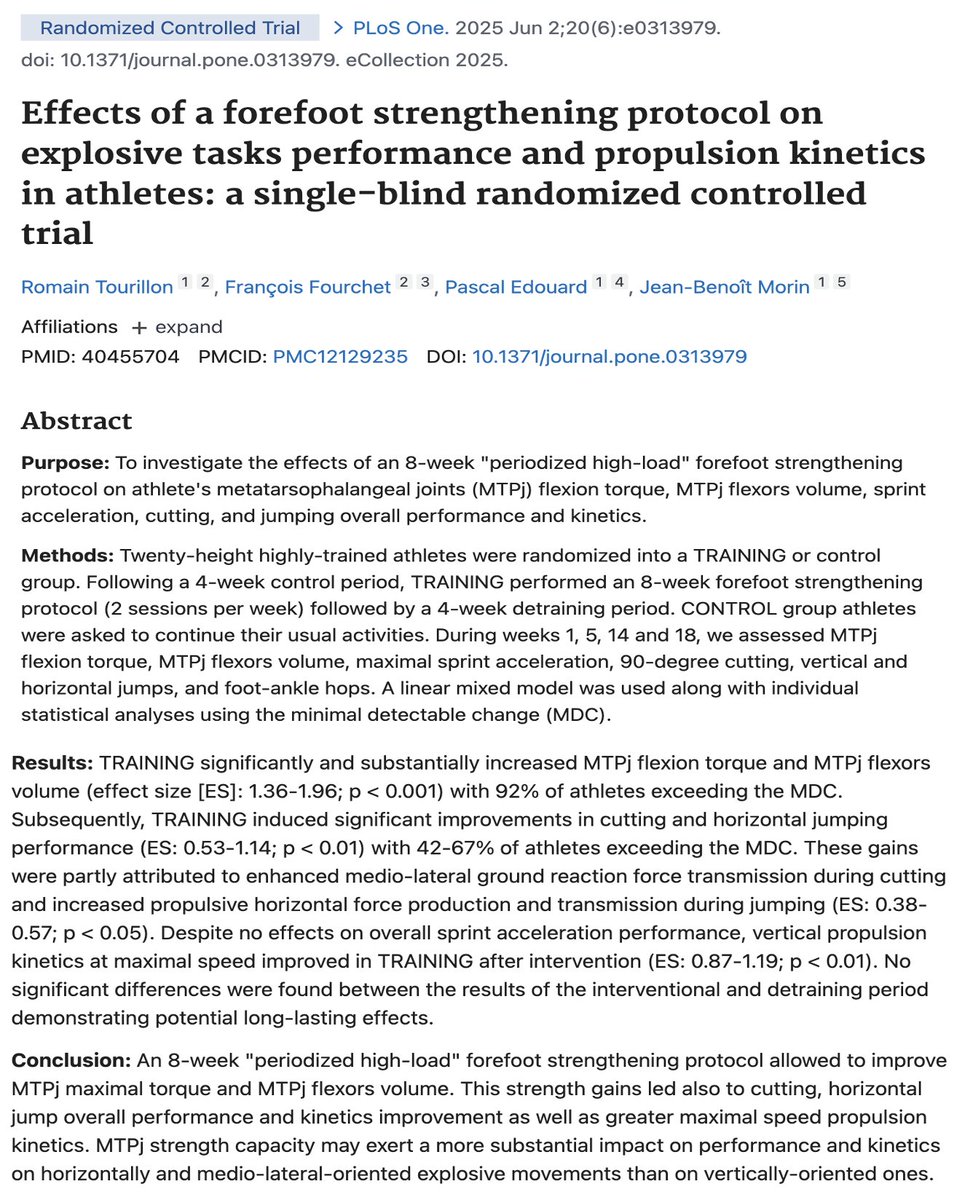 jb_morin's tweet image. 🚨NEW📄🚨
Foot strengthening protocol 🦶🏋️♀️ ⚡️= ⬆️foot MTP flexion strength, muscle volume and some sprint/jump/COD perf and mechanics ✅ in high-level athletes 🧐🧩
All exercises, RCT program and details, Open Access @PLOSONE 🎁
👏@r_tourillon &al:
journals.plos.org/plosone/articl…