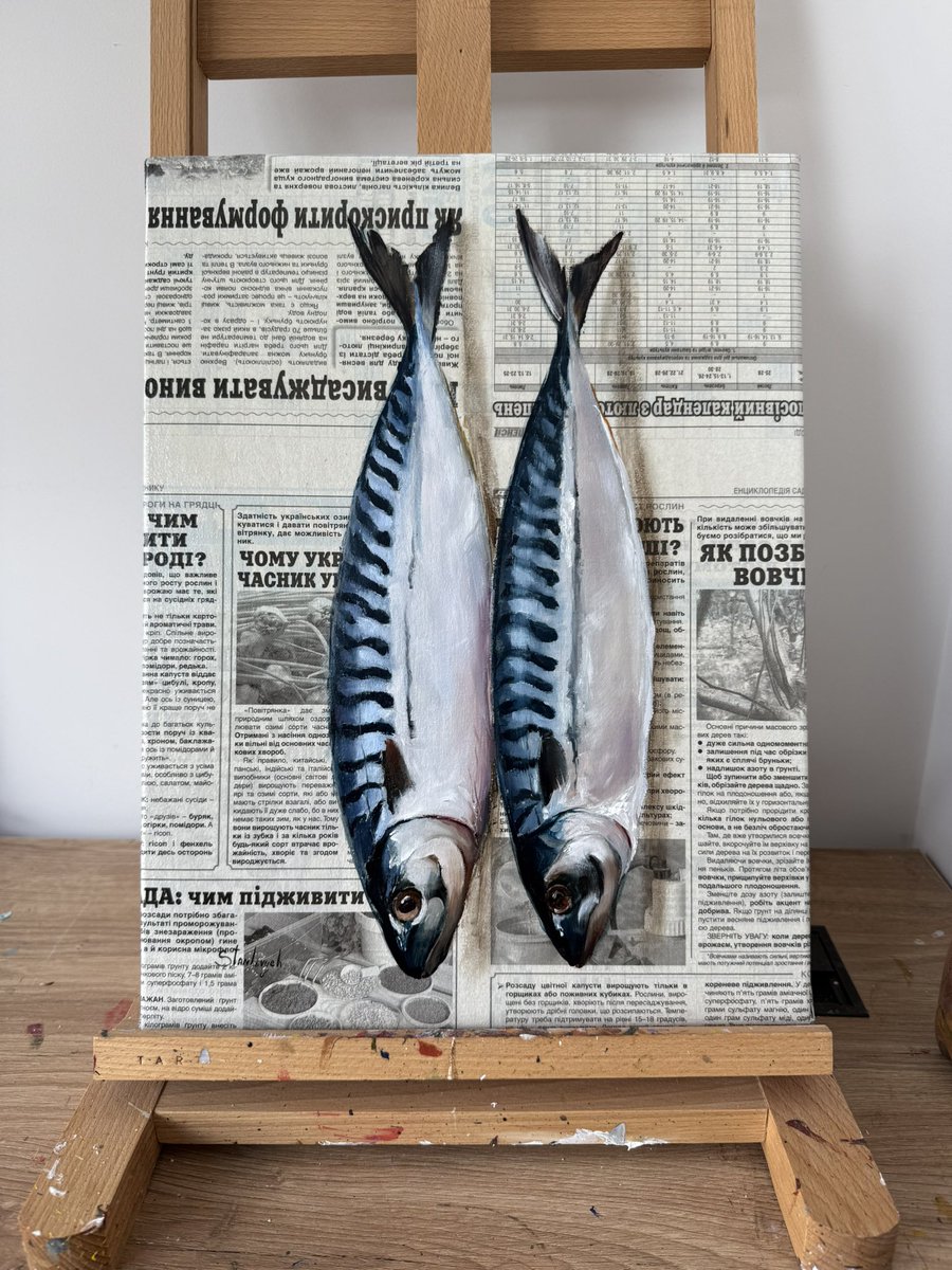 Oil painting of a two mackerel on newspaper