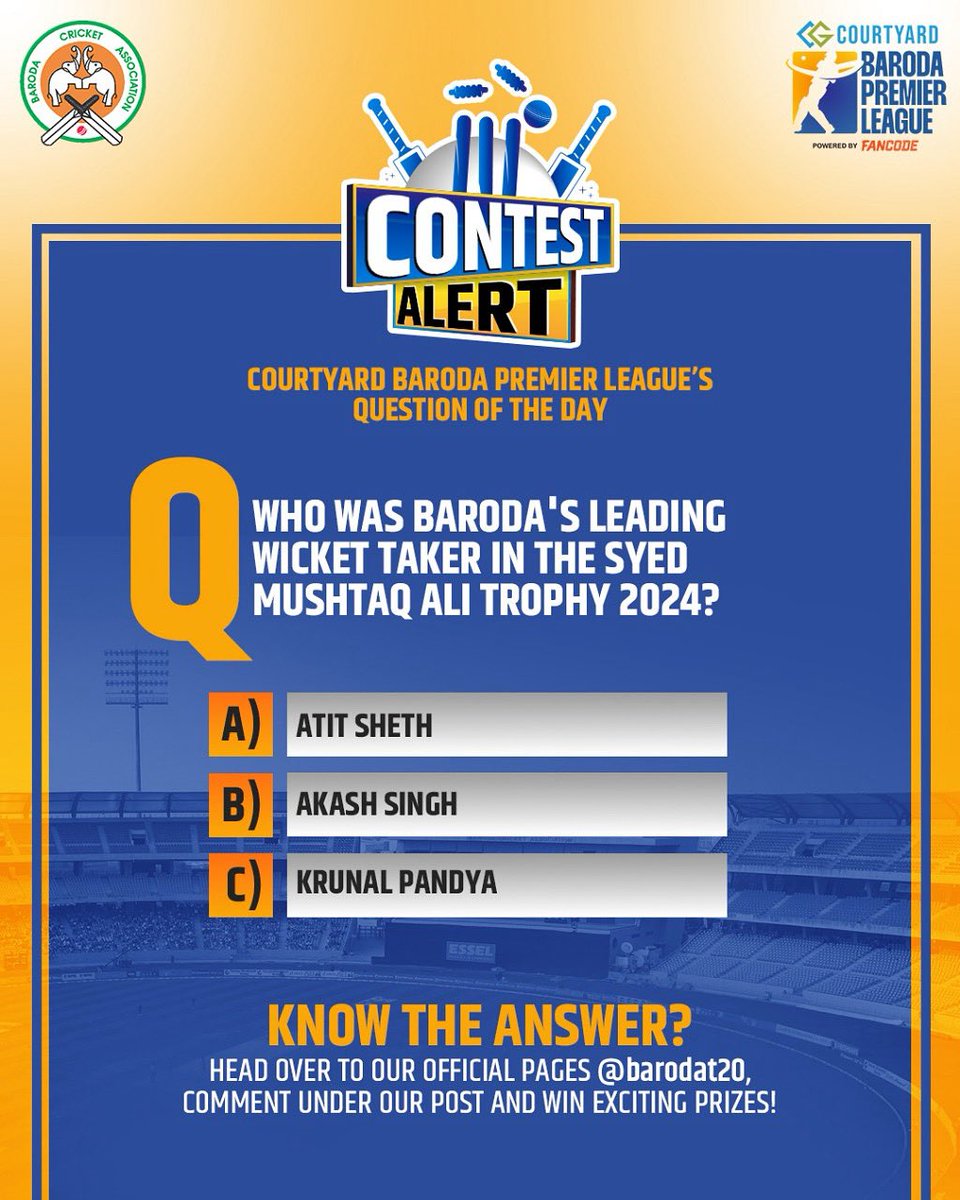 barodat20's tweet photo. 🚨 CONTEST 🚨

Got your facts straight? Prove it! 🤓

Comment below with your answer and walk away with some epic Courtyard Baroda Premier League goodies! 👇🔥

#AapnuMedaanChhe #BPL2025

Who was Baroda's leading wicket taker in the Syed Mushtaq Ali Trophy 2024? https://t.co/LtmbPJEhWR