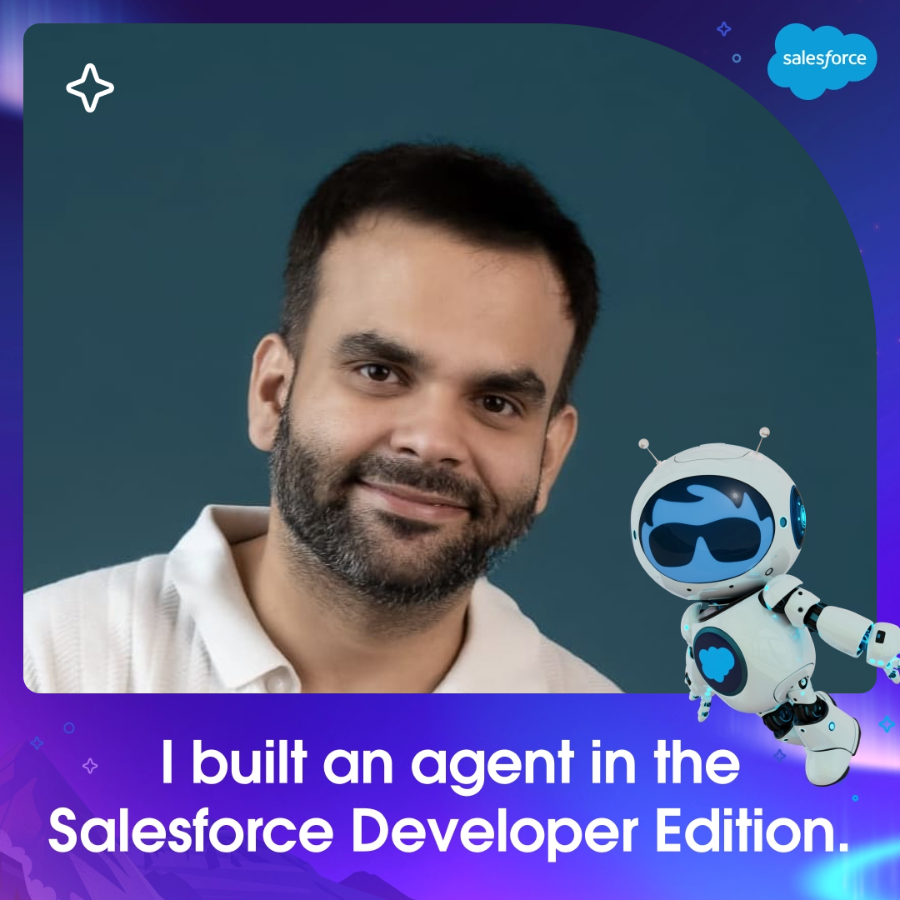KdnVishal's tweet photo. Wow, its so easy. I built an agent in the Salesforce Developer Edition! 🎉
Complete the Developer Edition Quest to build yours today and showcase your new skills with a custom photo. 🤖
Start learning: https://t.co/UBs6e2UVev
#SFGiveaway #BuiltWithAgentforce https://t.co/YVrRd2JWAY