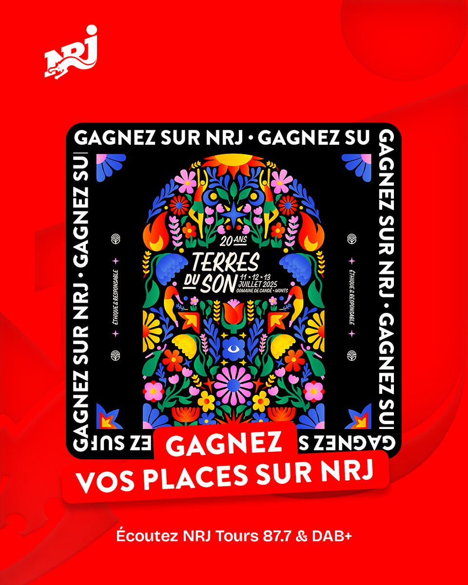 🎉 [JEU CONCOURS] 
Gagnez vos places pour <a href="/terresduson/">Terres du Son</a> sur #NRJ🔥
🎤 3 jours de live
🌟 Avec Carbonne et plein d’autres artistes
📍 Domaine de Candé, Monts
📅 Du 11 au 13 juillet
🎧 Écoutez NRJ #Tours et gagnez vos places pour vivre l’un des plus beaux festivals de l’été ! ☀️