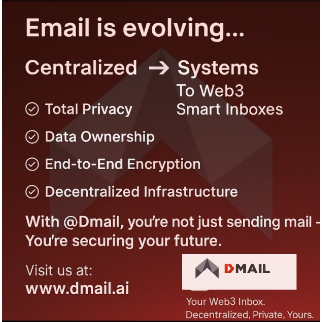 WillsP101's tweet photo. Email is evolving...
From centralized systems ➡️ to Web3 smart inboxes.
With @Dmail, you're not just sending mail ,You're securing your future.
#Dmail #Web3 #Airdrop
#PrivacyMatters https://t.co/ep0wSlYJNA