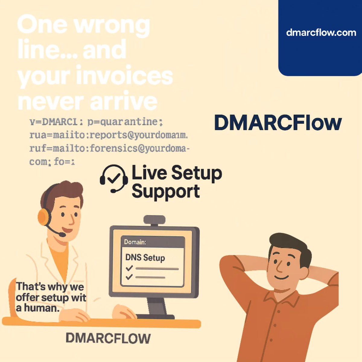 DMARCflow's tweet photo. One typo in your DMARC record?
📪 Your invoices may never arrive.
DMARCflow = real human setup, no guesswork.

➡️ https://t.co/eLbbCp3tTG
#DMARC #EmailSecurity #DNS #Cybersecurity #SPF #DKIM #SmallBiz #TechSupport #InboxProtection https://t.co/rUXzEbUFrS