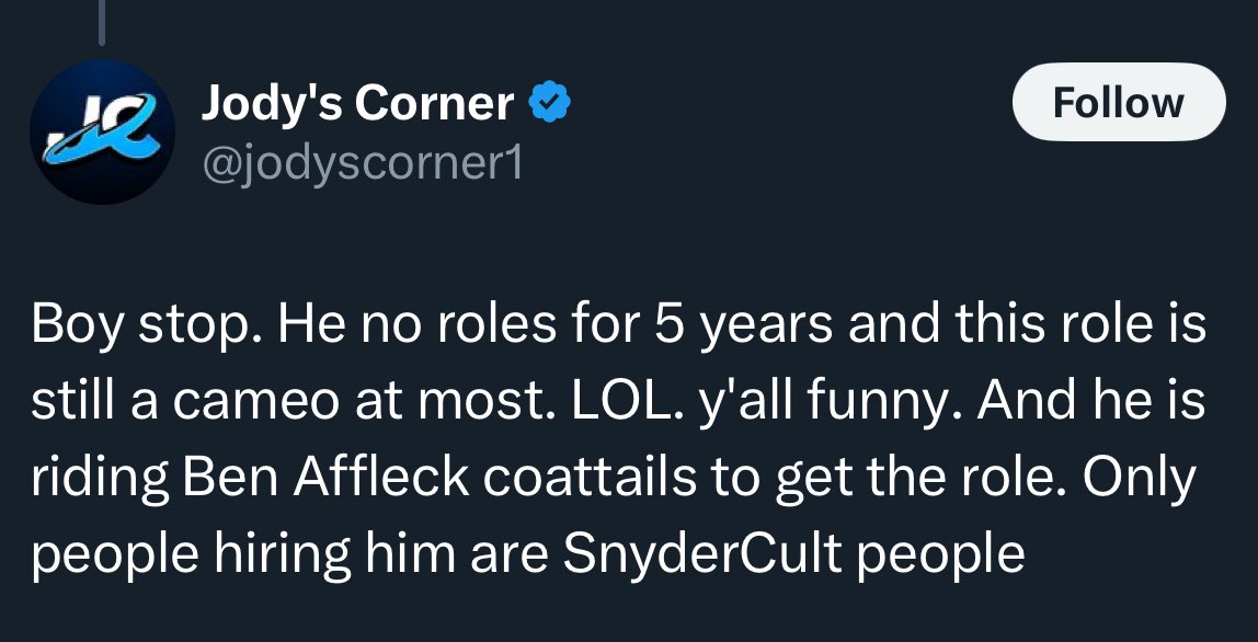 BatKilmer's tweet image. Fun fact: Ray Fisher’s done more movies/television than Patty Jenkins since 2020.
