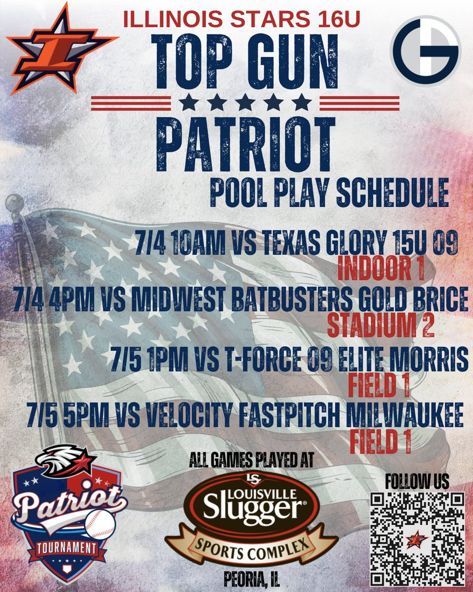 Spending 4th of July weekend with this crew at <a href="/sluggerpeoria/">Louisville Slugger Sports Complex</a> in Peoria, IL at the Top Gun Patriot! Come check us out, here's our pool play schedule! <a href="/livwoolman/">Olivia Woolman</a> <a href="/AveryMoutrey5/">Avery Moutrey</a> <a href="/Maddiesimms2026/">Madeline Simms</a> <a href="/rhaya_depaolo/">Rhaya DePaolo</a> <a href="/AlaynaSykes8/">Alayna Sykes - 2027</a> <a href="/teagannurczyk00/">Teagan Nurczyk</a> <a href="/GaddisJersey/">Jersey Gaddis</a> <a href="/morgan_starwalt/">Morgan Starwalt</a>