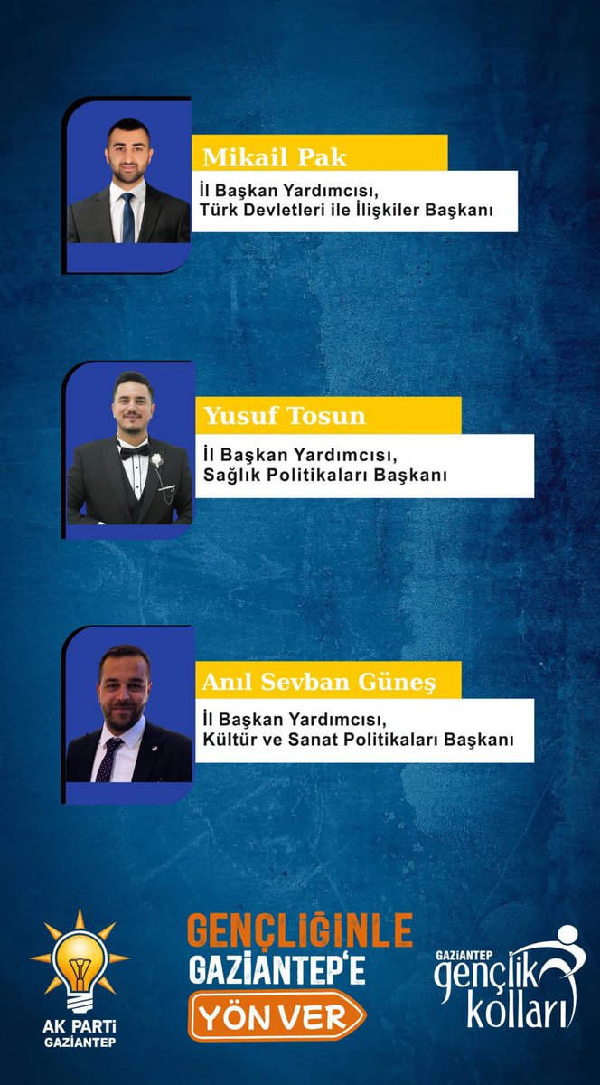 Cumhurbaşkanımız Sayın Recep Tayyip Erdoğan’ın takdirleriyle teşkilatımızda yeni açılan birimlerimiz, kıymetli kardeşlerimize emanet.

🔹 Mikail PAK - Türk Devletleri ile İlişkiler Başkanı
🔹 Yusuf TOSUN – Sağlık Politikaları Başkanı
🔹 Anıl Sevban GÜNEŞ – Kültür ve Sanat