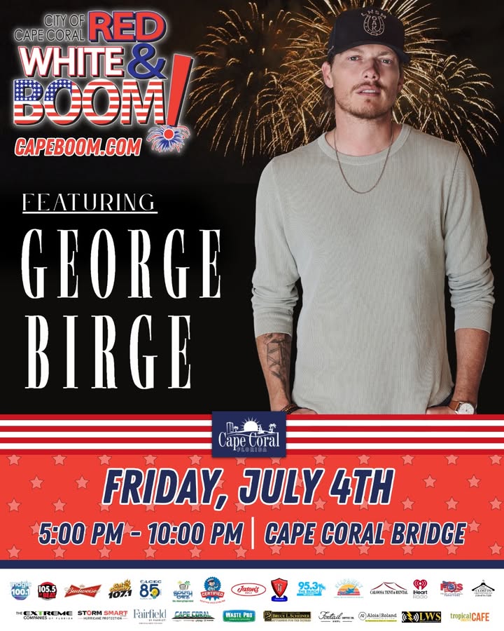 🇺🇸🎆 Red, White &amp; BOOM! is just days away! Join us July 4, 5–10pm at Cape Coral Parkway by the bridge for FREE live music with George Birge &amp; the area’s best fireworks!

Bring friends &amp; family—details at CapeBoom.com. #CapeCoral