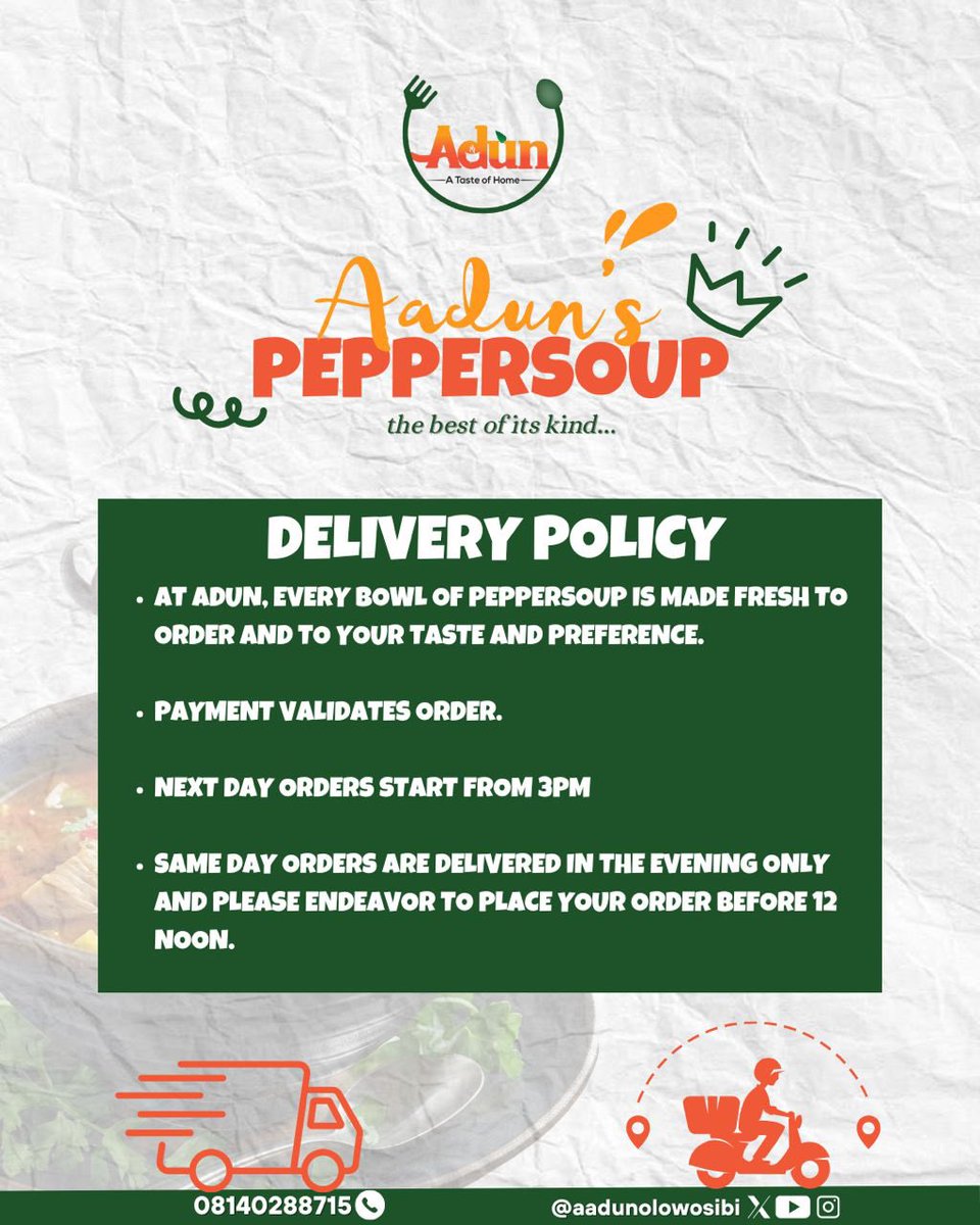 aadunolowosibi's tweet image. PSA🔥🔥🔥
The best peppersoup in Ibadan is open and ready to take orders o. ☺️
We deliver delicious, soul lifting, heart warming peppersoup right to your doorstep.
Let’s serve you happiness in a bowl. 🤗
📍 Ibadan