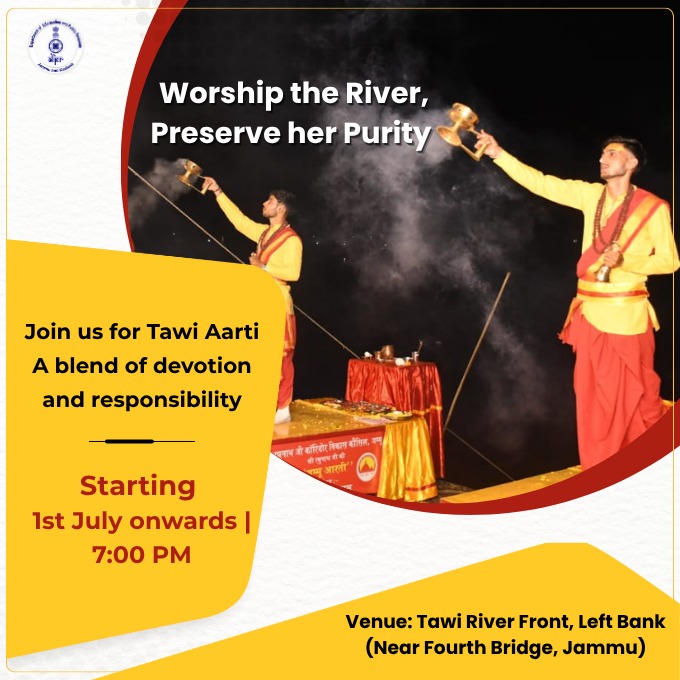 Information & PR, J&K (@diprjk) on Twitter photo Experience divine serenity at the majestic Tawi Aarti!
🗓️ Starting 1st July | 🕖 7 PM onwards
📍 Tawi Riverfront (Left Bank, near 4th Bridge), Jammu
Let your soul soak in the spiritual glow.
#TawiAarti #Jammu #SpiritualVibes #DivineJammu
<a href="/jmcjammu/">Jammu Municipal Corporation</a> <a href="/Jammu_SmartCity/">Jammu Smart City</a>
<a href="/DDIndialive/">DD India</a> Experience divine serenity at the majestic Tawi Aarti!
🗓️ Starting 1st July | 🕖 7 PM onwards
📍 Tawi Riverfront (Left Bank, near 4th Bridge), Jammu
Let your soul soak in the spiritual glow.
#TawiAarti #Jammu #SpiritualVibes #DivineJammu
<a href="/jmcjammu/">Jammu Municipal Corporation</a> <a href="/Jammu_SmartCity/">Jammu Smart City</a>
<a href="/DDIndialive/">DD India</a>