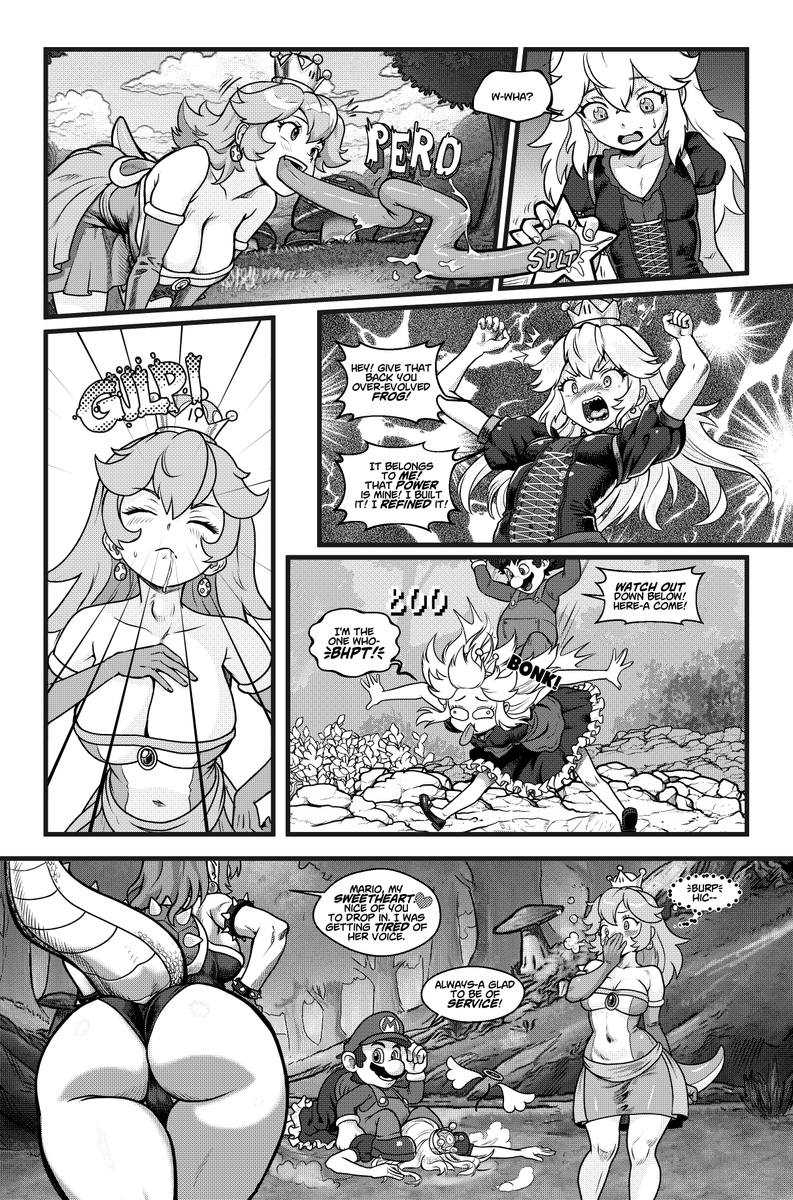 Athorist's tweet photo. Paneling some tongue action with a bridge over panels. 
I'm pretty happy about it. #bowsettesaga #bowsette #manga #comic #paneling this also was 120th page of Bowsette saga. You can read it at https://t.co/DHz0WLUX6e https://t.co/vnoZOm1qNp