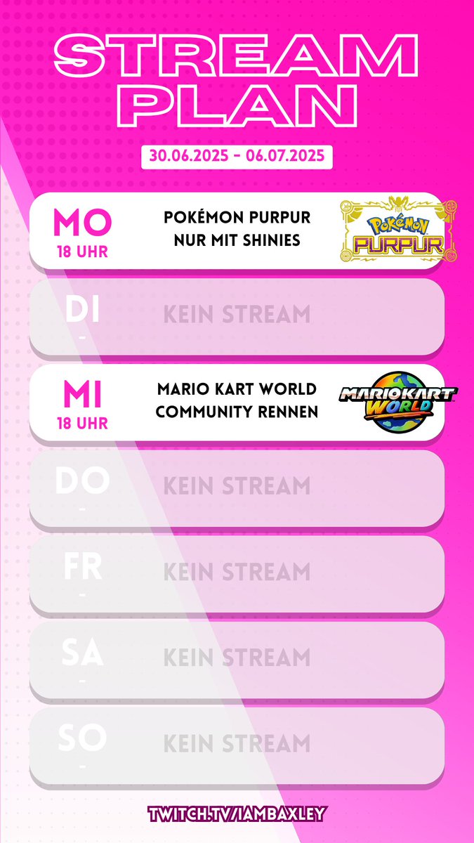 Streamplan für nächste Woche! Leider nur zwei Streams dafür gibt es dann aber die kommenden Wochen viel Action! 🤫
