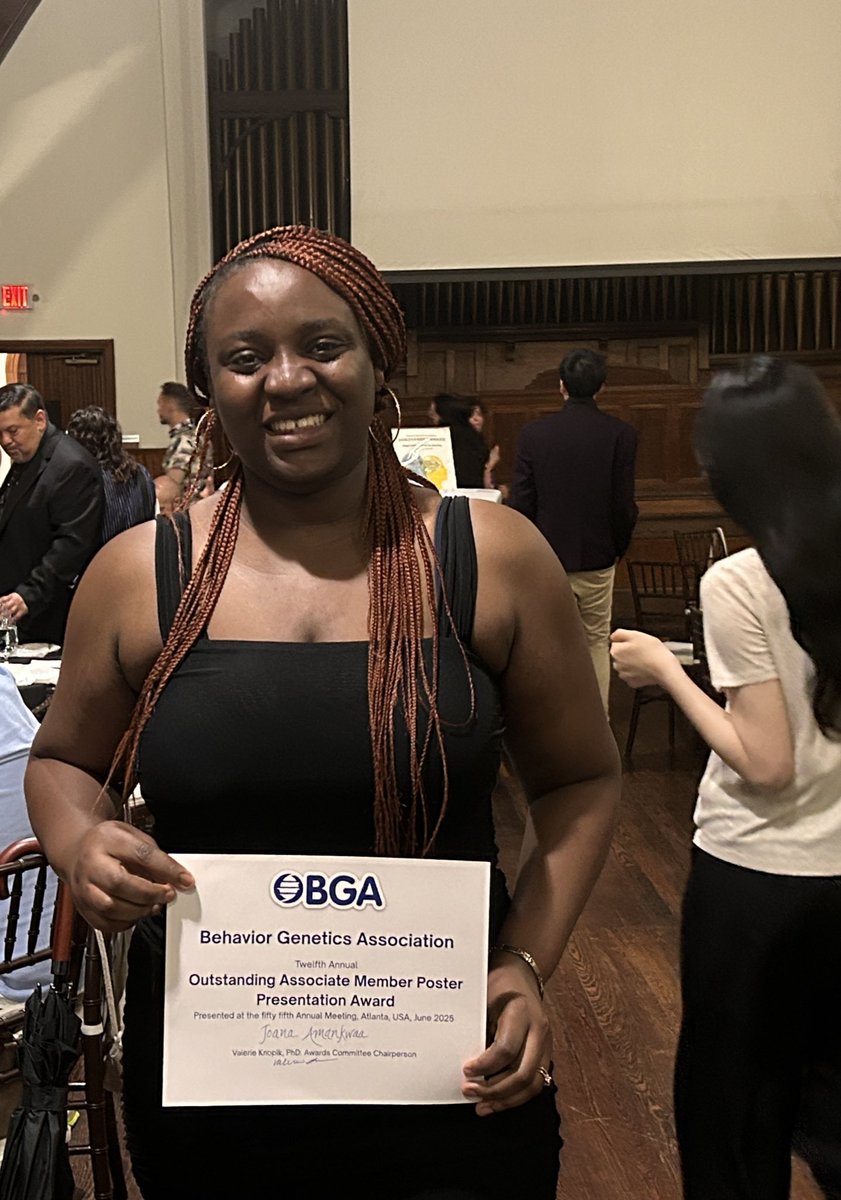 Congratulations to my student, Joana Amankwaa, @usu_hdfs <a href="/usuCEHS/">USU CEHS</a> for winning the outstanding poster award from the Behavior Genetics Association #BGA2025 #earlycareer