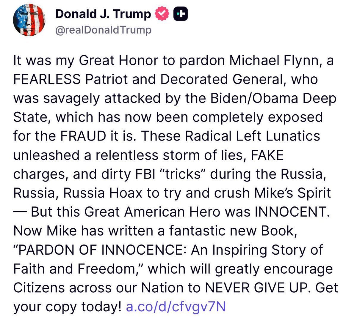 🔥🔥今天川普总统发文，夸奖爱国者弗林将军：