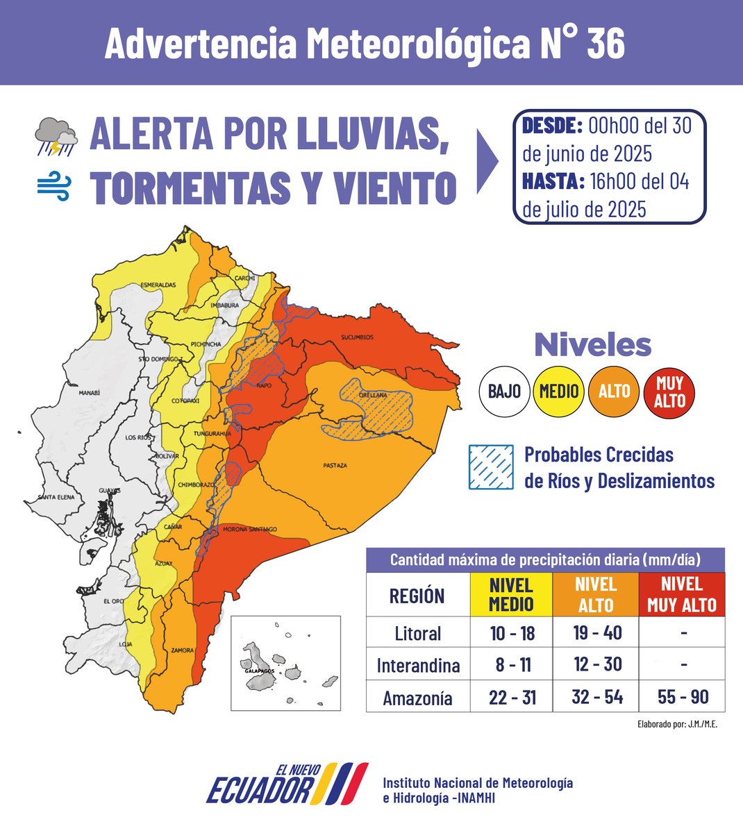 inamhi_ec's tweet photo. #AdvertenciaMeteorológica N°36 | Nuevo incremento en la intensidad y distribución de lluvias en la región Amazónica, incidiendo en la cordillera oriental y Sierra (probables nevadas puntuales) 🌧️⛈️
 
🟠Los días más intensos se enfocarán del 1  al 3 de julio.

Tome precauciones👇 https://t.co/fnUV2TyMf6