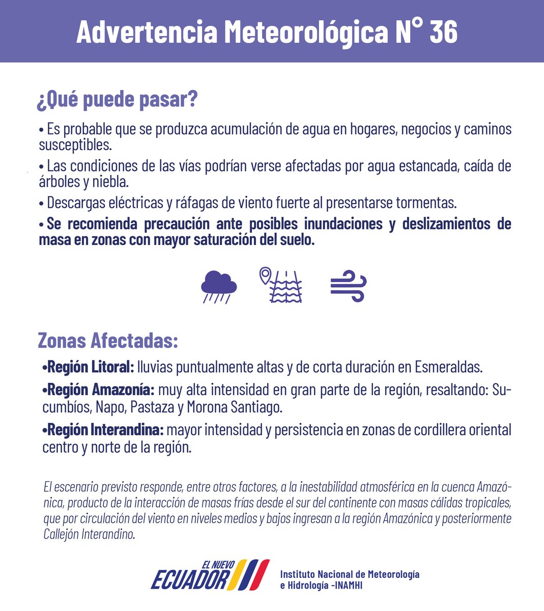 inamhi_ec's tweet photo. #AdvertenciaMeteorológica N°36 | Nuevo incremento en la intensidad y distribución de lluvias en la región Amazónica, incidiendo en la cordillera oriental y Sierra (probables nevadas puntuales) 🌧️⛈️
 
🟠Los días más intensos se enfocarán del 1  al 3 de julio.

Tome precauciones👇 https://t.co/fnUV2TyMf6