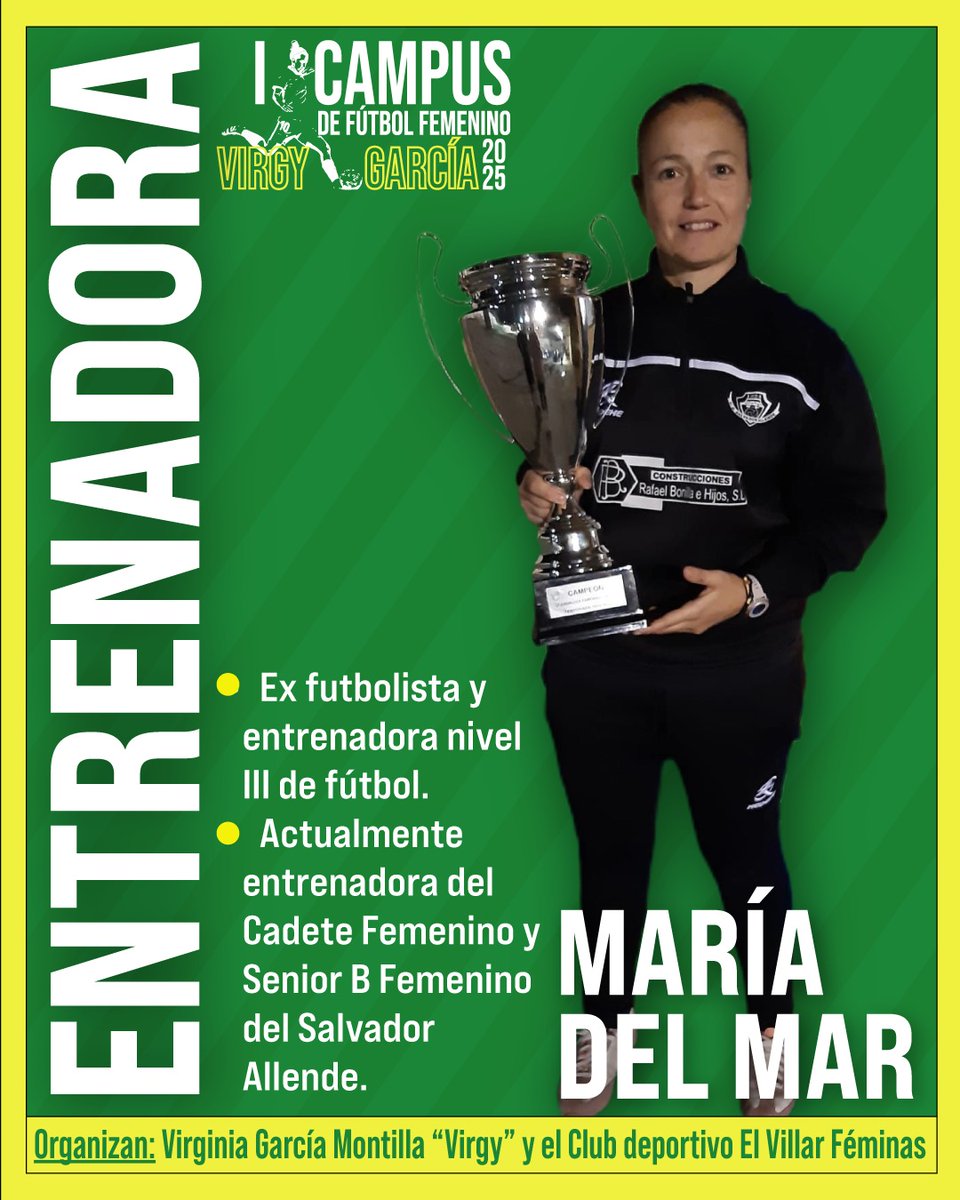 🌟Nuestro staff para el I Campus Virgy García🌟
Presentamos a María del Mar, una de nuestras entrenadoras. 
Ex futbolista en varios equipos donde compartió equipo en uno de ellos con nuestra Virgy. 
Actualmente entrenadora en el Salvador Allende, nos aportará su experiencia 🤩