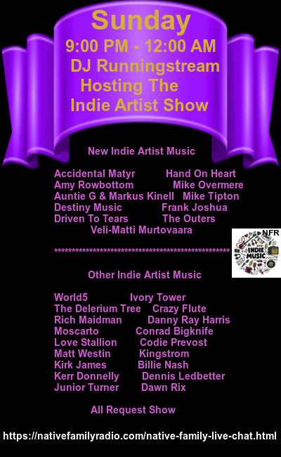 Native Family Radio (@native_radio) on Twitter photo Please join DJ Runningstream Tonight at pm est <a href="/RowbottomA97298/">Amy Rowbottom 🎙️</a> <a href="/AuntieGMusic/">AuntieG</a> <a href="/handonheartrock/">Hand On Heart - Italian Hardrock Band</a> <a href="/overmere/">Mick Overmere</a> <a href="/TheOuters/">TheOuters</a> <a href="/World5music/">♫ WORLD5 ♫ 🇺🇸</a> <a href="/Delerium65/">The Delerium Trees</a> <a href="/LoveStalIion/">Love Stallion</a> <a href="/Matt_Westin/">Matt Westin</a> <a href="/KerrDonnelly/">Kerr Donnelly</a> <a href="/ITPMark/">Ivory Tower Project</a> <a href="/CrazyFluteMusic/">Flute Holland</a> <a href="/dannyrharris/">Danny Ray Harris</a> <a href="/CBigknife/">Conrad Bigknife</a> <a href="/BNashOfficial/">Billie Nash</a> <a href="/rixplosion/">Dawn Rix</a> Please join DJ Runningstream Tonight at pm est <a href="/RowbottomA97298/">Amy Rowbottom 🎙️</a> <a href="/AuntieGMusic/">AuntieG</a> <a href="/handonheartrock/">Hand On Heart - Italian Hardrock Band</a> <a href="/overmere/">Mick Overmere</a> <a href="/TheOuters/">TheOuters</a> <a href="/World5music/">♫ WORLD5 ♫ 🇺🇸</a> <a href="/Delerium65/">The Delerium Trees</a> <a href="/LoveStalIion/">Love Stallion</a> <a href="/Matt_Westin/">Matt Westin</a> <a href="/KerrDonnelly/">Kerr Donnelly</a> <a href="/ITPMark/">Ivory Tower Project</a> <a href="/CrazyFluteMusic/">Flute Holland</a> <a href="/dannyrharris/">Danny Ray Harris</a> <a href="/CBigknife/">Conrad Bigknife</a> <a href="/BNashOfficial/">Billie Nash</a> <a href="/rixplosion/">Dawn Rix</a>