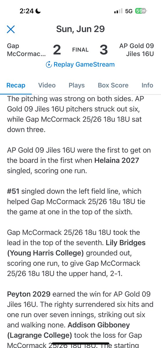 My <a href="/APGold09Jiles/">AP Gold 09 Jiles</a> are playing in the Owl City showcase.  I had a great day in the circle against an all committed Ga Power 18u team. <a href="/AlabamaSB/">Alabama Softball</a> <a href="/UGASoftball/">Georgia Softball</a> <a href="/RUSoftball22/">Reinhardt Softball</a>