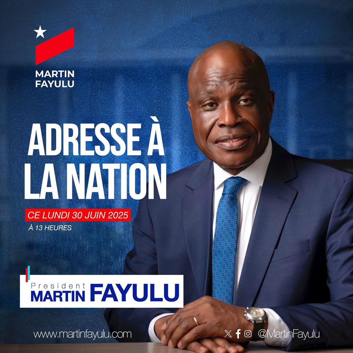 🇨🇩 Adresse à la Nation – Président Martin Fayulu

Ce lundi 30 juin 2025 à 13h00 (heure de Kinshasa), à l’occasion du 65ᵉ anniversaire de l’indépendance,
le Président Martin Fayulu s’adressera au peuple congolais.

📍 En direct sur les plateformes officielles.