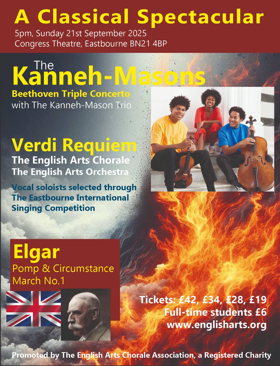 🌟 A Classical Spectacular 🌟
🎻 Kanneh-Mason Trio + English Arts Chorale &amp; Orchestra
🎶 Beethoven, Elgar &amp; Verdi’s Requiem
📅 Sun 21 Sept, 5pm | Congress Theatre, Eastbourne
🎟️ Tickets: shorturl.at/kVvtE
📸 More soon!
#ClassicalMusic #Eastbourne #KannehMason #Choir #Verdi