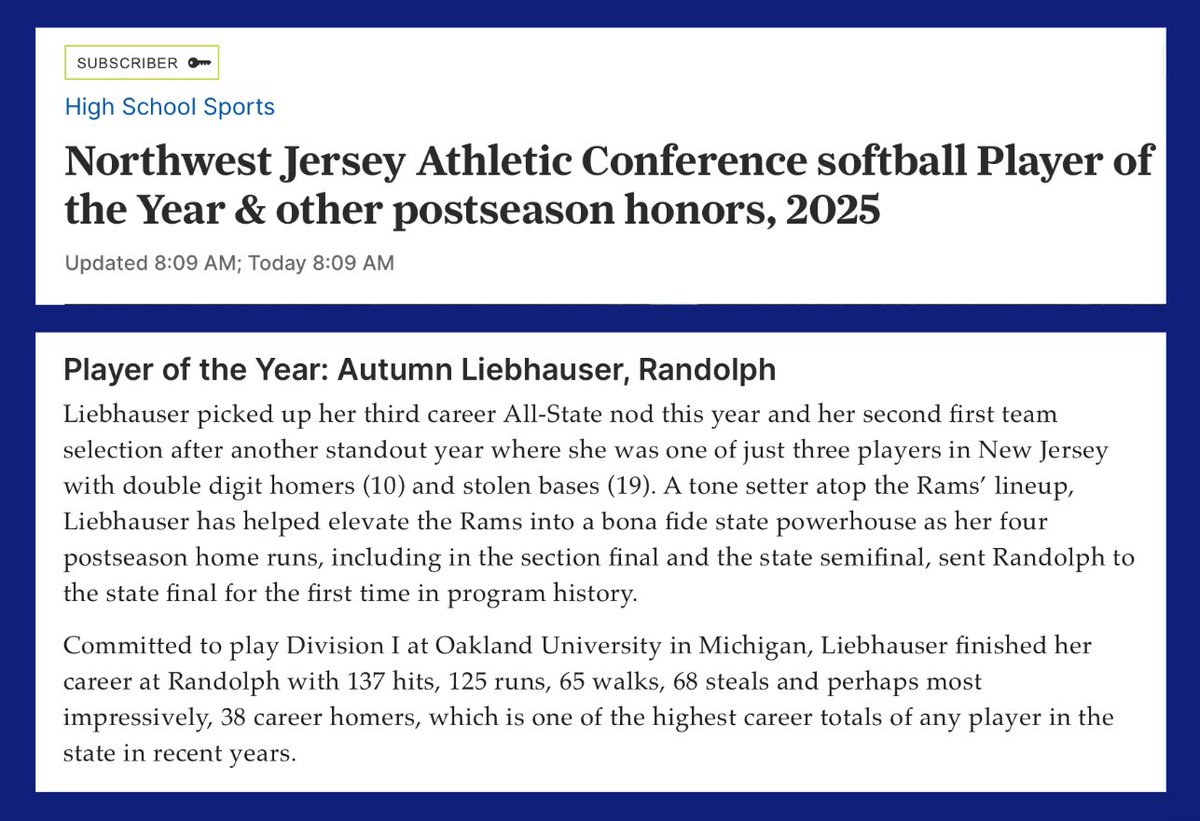 Autumn Liebhauser (@aliebhauser2025) on Twitter photo Extremely honored to be named POTY in one of the top π₯ conferences in NJ. Even more meaningful is my teamβs success in 2025 ππ₯π
π NJAC American Champs
π N1G3 Sectional Champs
<a href="/NJPrideGold/">NJ Pride Softball</a> <a href="/OaklandSoftball/">Oakland Softball</a> <a href="/Jake_Aferiat/">Jake Aferiat</a> Extremely honored to be named POTY in one of the top π₯ conferences in NJ. Even more meaningful is my teamβs success in 2025 ππ₯π
π NJAC American Champs
π N1G3 Sectional Champs
<a href="/NJPrideGold/">NJ Pride Softball</a> <a href="/OaklandSoftball/">Oakland Softball</a> <a href="/Jake_Aferiat/">Jake Aferiat</a>