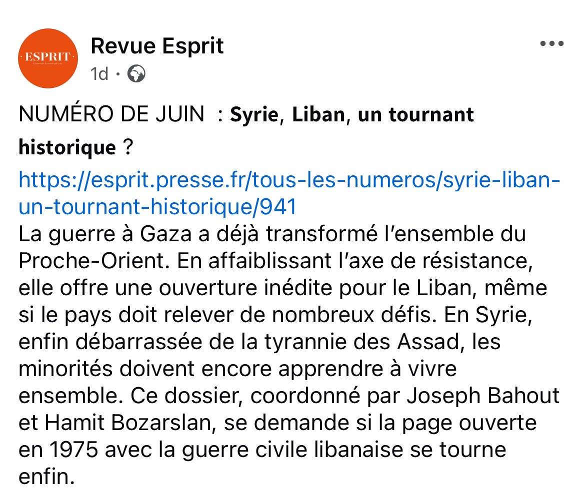 Joseph Bahout باحوط (@jobahout) on Twitter photo Dans le numéro de juin de la <a href="/RevueEsprit/">Revue Esprit</a>,un dossier #Syrie/#Liban que j’ai eu le plaisir de coordonner avec #Hamit_Bozarslan; on y revient sur le cinquantenaire de la Guerre du Liban et sur la transition post-Assad en Syrie.
Notre papier d’introduction👇🏻
esprit.presse.fr/article/joseph… Dans le numéro de juin de la <a href="/RevueEsprit/">Revue Esprit</a>,un dossier #Syrie/#Liban que j’ai eu le plaisir de coordonner avec #Hamit_Bozarslan; on y revient sur le cinquantenaire de la Guerre du Liban et sur la transition post-Assad en Syrie.
Notre papier d’introduction👇🏻
esprit.presse.fr/article/joseph…