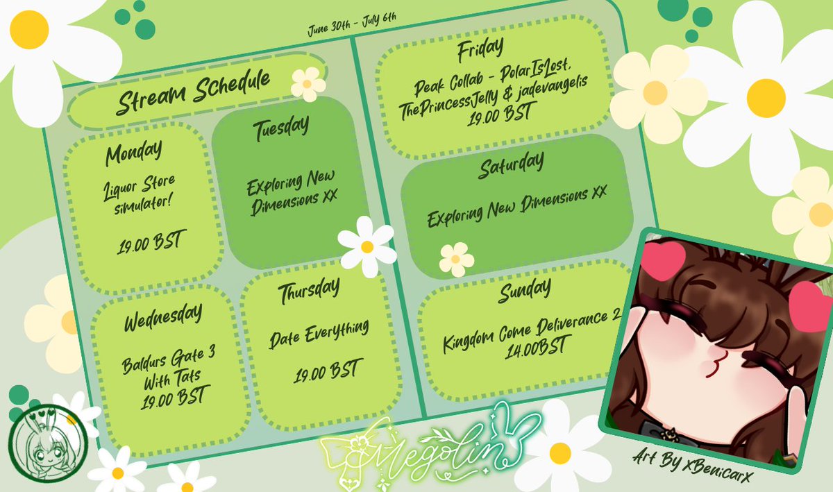 #StreamSchedule

🍾 Mon: cozy game night with Liquor Store Sim

🎲 Weds: BG3 with Tats 

😍 Thurs: Date Everything!!

⛰️ Fri: Peak COLLAB with @/PolarIsLost <a href="/JadeVangelis/">Jade Vangelis 🍵✨🌱 ON 🦋‼️</a>  <a href="/PrincessJellyVT/">@princessjelly.gay on 🦋</a>
⚔️ Sun: Kingdom Come Deliverance 2

#vtuber #envtuber