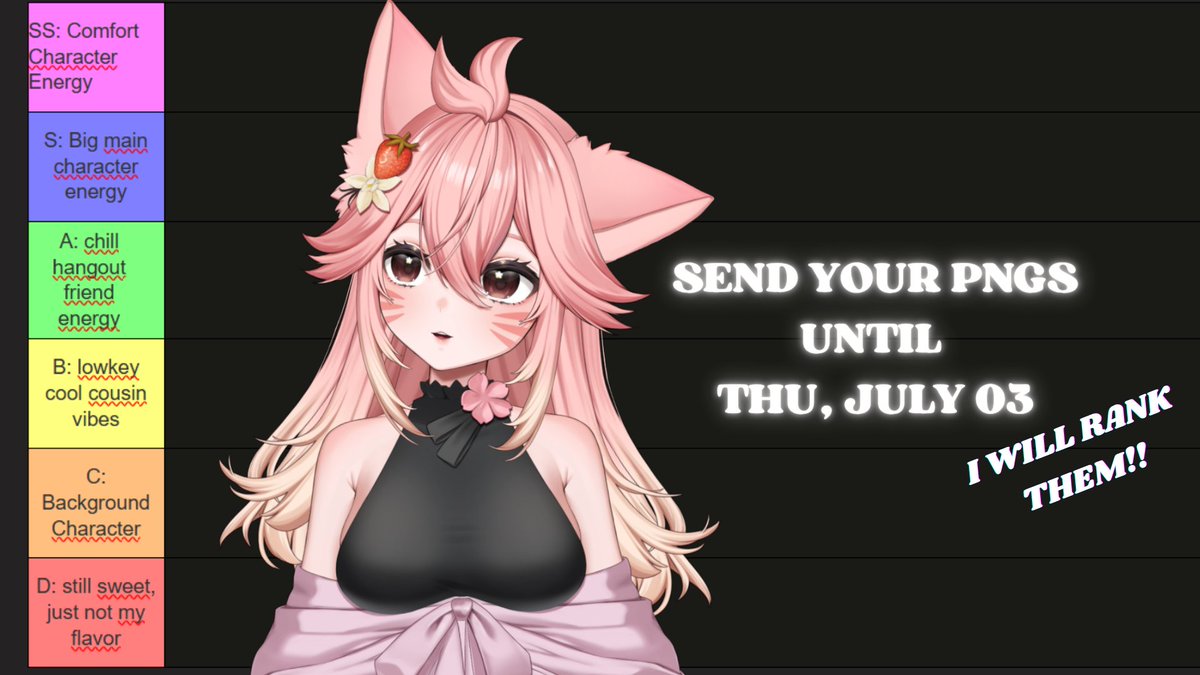 ⚠️ VTUBERS AND STREAMERS⚠️

I wanna vibe-check your designs!  ♡ Drop your PNGs and I’ll put you on my “What Vibe You Give” Tier List ❤︎

 I’ll be doing the tier list LIVE on stream Thursday, July 3rd at 7 PM CEST! Come hang out and see where you land! 🎉

#VTuber #ENVtuber
