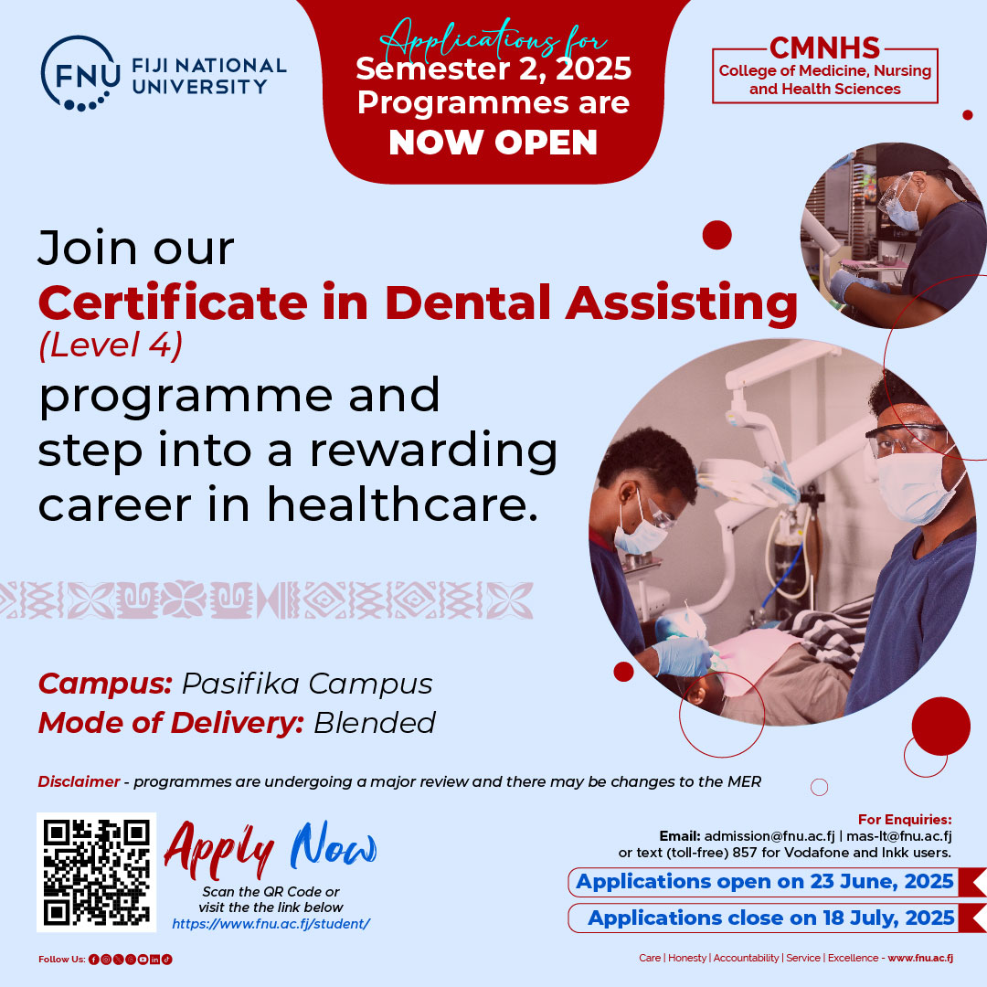 FNUFiji's tweet image. Make a real difference in people&apos;s smiles! 

Our Certificate in Dental Assisting (Level 4) programme at the College of Medicine, Nursing and Health Sciences will equip you with the skills for a fulfilling career.

Don&apos;t miss out – apply for Semester 2 today!
#TeamFNU #Semester2