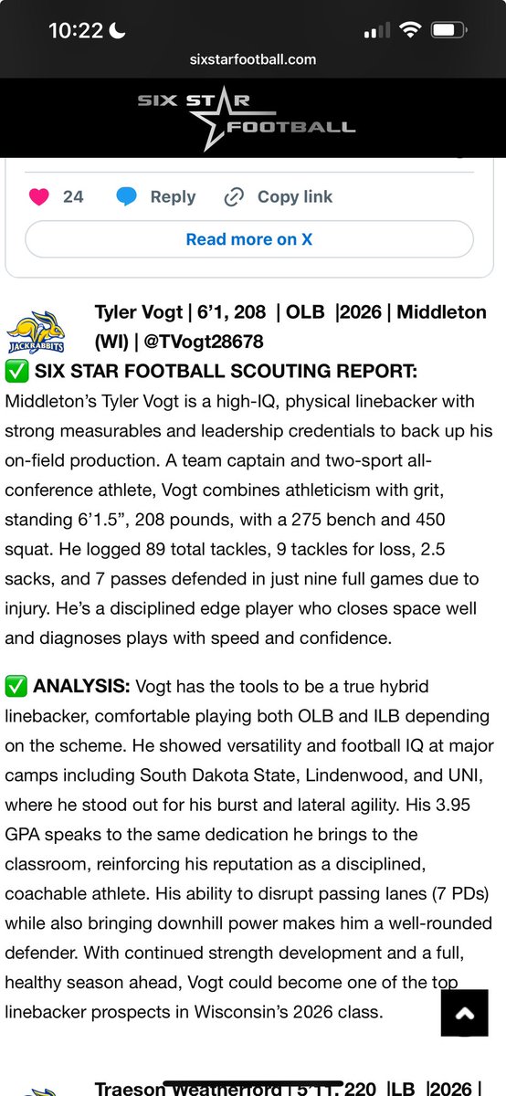 Tyler Vogt (@tvogt28678) on Twitter photo Thank you <a href="/sixstarfootball/">Six Star Football | PLUS+</a> for the kind words in the write up!!!
<a href="/PrepRedzoneWI/">Prep Redzone Wisconsin</a> <a href="/Rogey5574/">Brad Rogeberg</a> <a href="/UNI_CoachSmith/">Coach Al Smith</a> <a href="/CoachLoganMcc/">Logan Mc Cormick</a> <a href="/kuchinski8/">Wallie Kuchinski</a> <a href="/MJ_NFLDraft/">Mark Johnson</a> <a href="/OJW_Scouting/">PrepRedzone Oliver</a> <a href="/_CoachSantana_/">Alexander Santana</a> Thank you <a href="/sixstarfootball/">Six Star Football | PLUS+</a> for the kind words in the write up!!!
<a href="/PrepRedzoneWI/">Prep Redzone Wisconsin</a> <a href="/Rogey5574/">Brad Rogeberg</a> <a href="/UNI_CoachSmith/">Coach Al Smith</a> <a href="/CoachLoganMcc/">Logan Mc Cormick</a> <a href="/kuchinski8/">Wallie Kuchinski</a> <a href="/MJ_NFLDraft/">Mark Johnson</a> <a href="/OJW_Scouting/">PrepRedzone Oliver</a> <a href="/_CoachSantana_/">Alexander Santana</a>