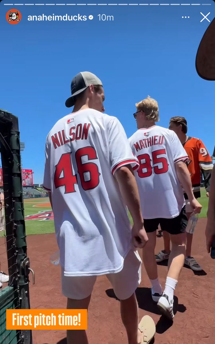 DucksNPucks's tweet image. Eric Nilson sporting number 46 and Alexis Mathieu wearing 85 also joined McQueen today at @angels stadium. #FlyTogether #KaChow