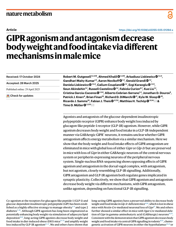 scottisaacsmd's tweet image. Both GIPR agonism and antagonism reduce body weight and food intake but operate through fundamentally distinct neural pathways. GIPR agonism functions independently of GLP-1R signaling, relying on GABAergic neurons in the central nervous system to exert its effects. In contrast,…