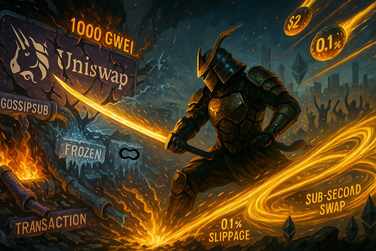 🧵....          DeFi is fast - until it isn’t.
Have you ever annoyingly quit a Uniswap trade because of:
          ➢ Sudden gas fee spikes
          ➢ Price slipping mid-swap

Or worse...
          ➢ A failed transaction after waiting over 20 seconds?

Turns out, the problem