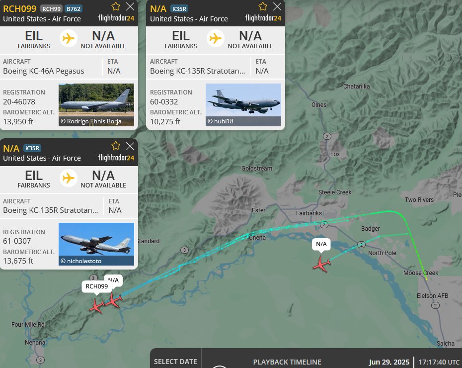 SirListenalot's tweet image. #KC46 #AE63BA #RCH099 &amp;amp; #KC135 #AE049A #RCH098 departed Eielson as a flight, likely both for Misawa. KC135 #AE065E #RCH097 (round trip Eielson) with Japanese #F15's #JOCKY01 followed. 98 &amp;amp; 99 will take over the Eagles later
