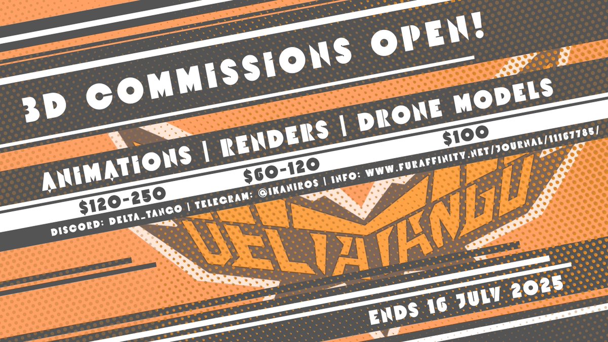 COMMISSIONS OPEN UNTIL 7/16/25! Want a Drone model? Want a 60 second animation? Want a pack of image renders of your character? Hit me up anywhere!  ------- 
More info is available on FA: furaffinity.net/journal/111677…