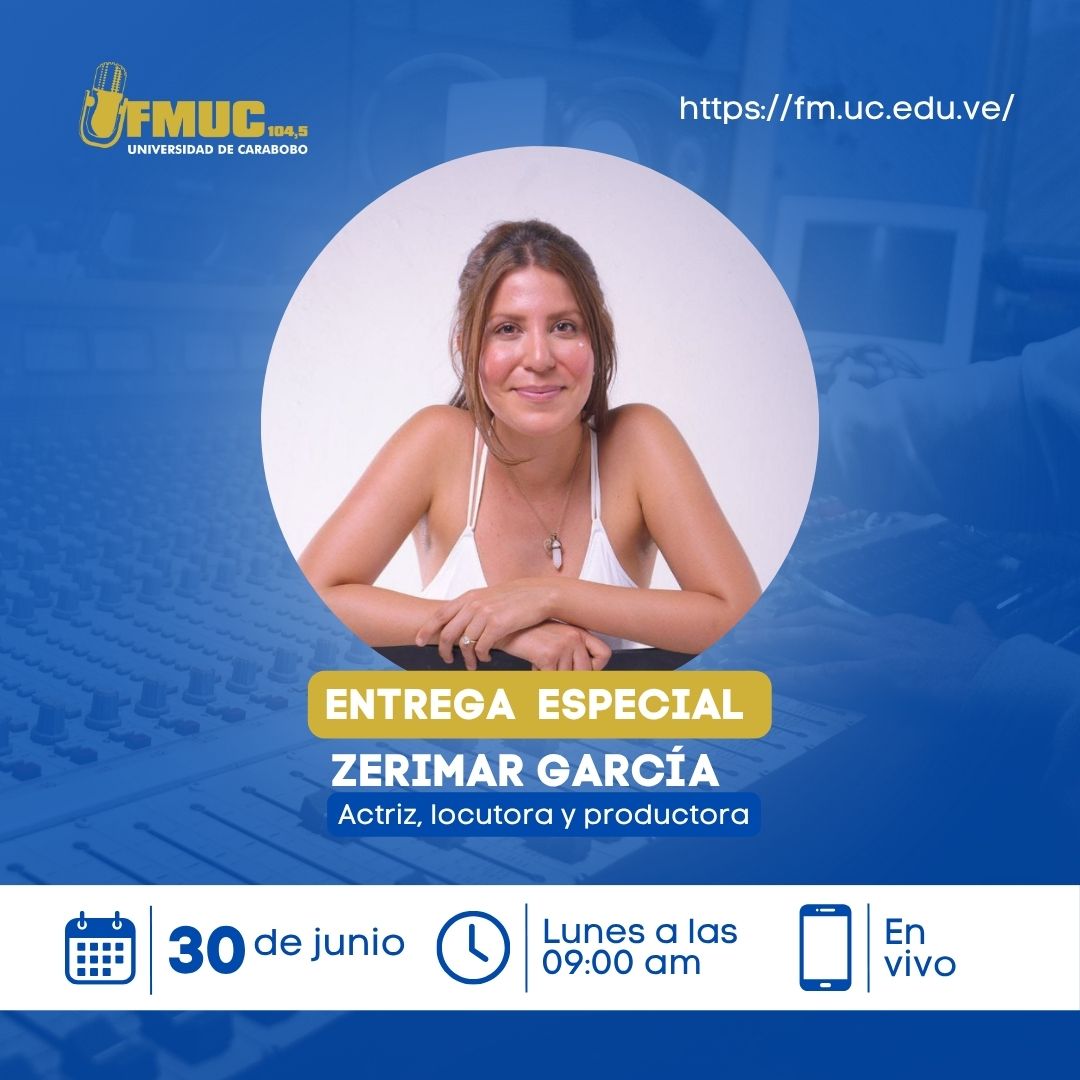 #FMUC || 🔊Escucha "Entrega Especial" con Zerimar García, actriz, locutora y productora.

🗓️Lunes 30 de junio a las 09:00 am por Universitaria 104,5 FM.    

🌎📻Escúchanos en vivo por 🔗fm.uc.edu.ve 

Síguenos en Instagram y X: <a href="/FM_UC/">Radio Universitaria FMUC 104,5</a>