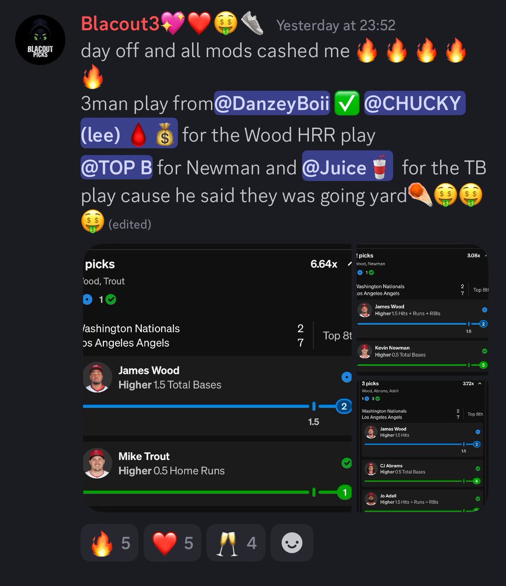 truleunique14's tweet photo. Missed out on the early slate of cashes so I tailed the late slate and the cashes continued🤑🤑🤑 @DanzeyboiiA @leesportpicks @Juice_picks_ &amp; @TOP_B4 the Streak 👑 has the chat moving😮‍💨 from a streak started yesterday🤑 #TrapPicks https://t.co/LERwgfBsqZ