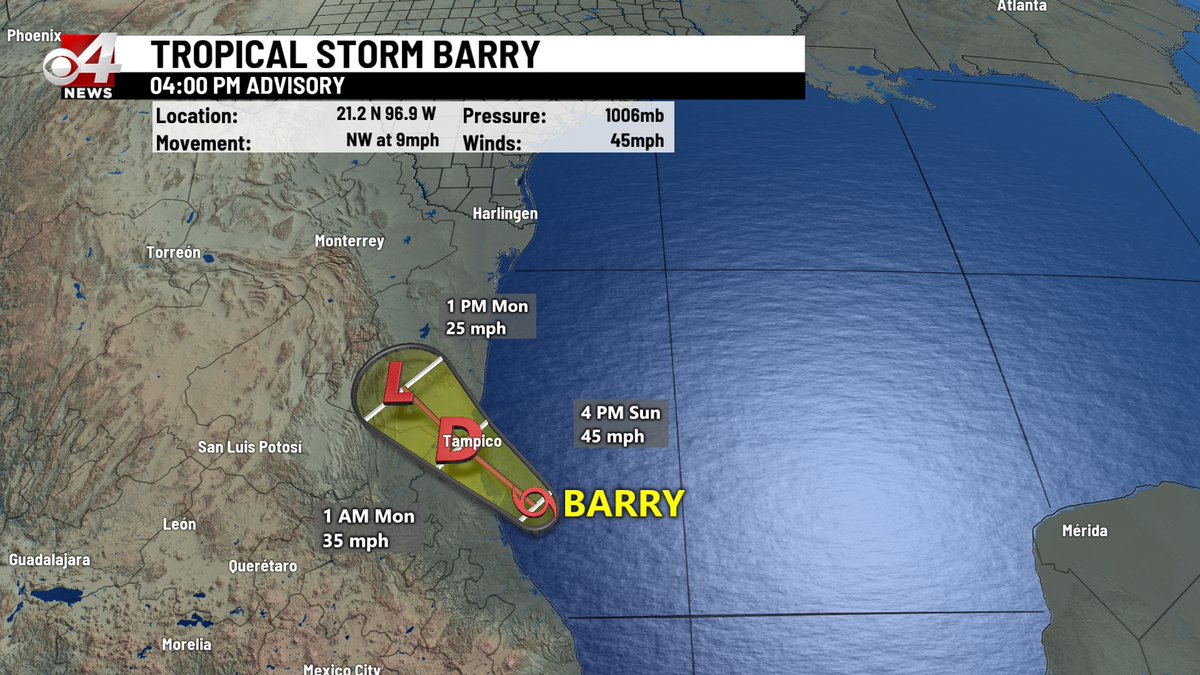 BryanHaleCBS4's tweet image. Tropical Storm Barry continues to move toward Tampico Mexico with 45 mph winds. The storm also continues to drive rain toward the RGV through Tuesday.
#rgv #rgvwx #txwx