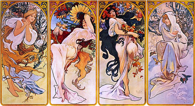 SalidaSol's tweet photo. Hay personas que se sienten,
como una estación del año,
la primavera clemente,
o el generoso verano,
o el otoño de tintas audaces,
o el invierno con mirada calmada,
pero tú cada día me haces
vivir todas las #temporadas.

#poemacorto (@SalidaSol)
Four Seasons. Alfons Mucha https://t.co/ZM1YWkUaIQ