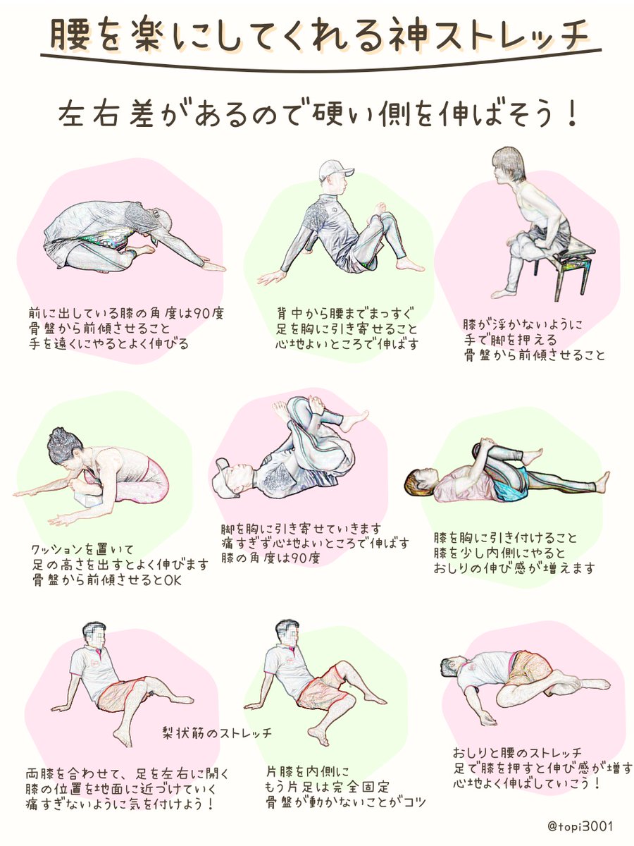 topi3001's tweet photo. 超超超超重要！腰痛で苦しんでいる人は、

おしり伸ばして！
おしり伸ばして！
おしり伸ばして！

ガチガチに固まった「おしり」をしっかり伸ばすことで、腰痛だけでなく、「坐骨神経痛」「ヘルニア」「すべり症」の改善と予防になります。

しかも、「だるさ回復」「ストレス減」「疲労回復」させて、しかも「美尻」につながります。ストレッチするときに絶対に意識させたいことは→プロフへ