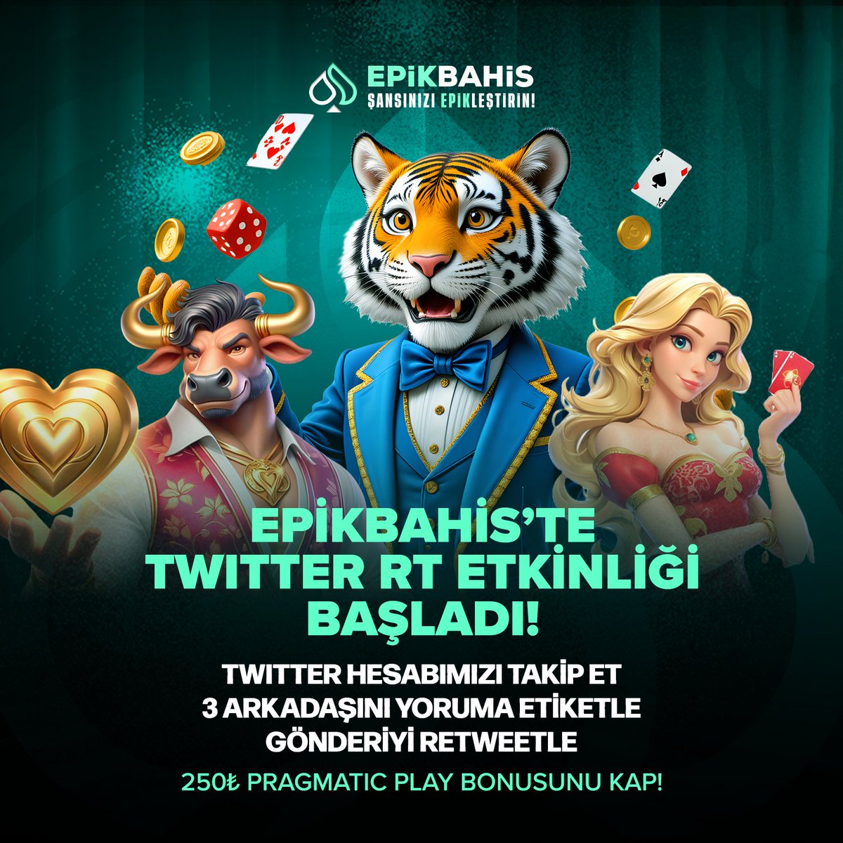 😍 EPİKBAHİS'TE Twitter RT Etkinliği

🕊 Epikbahis Twitter hesabını takip et, şartları tamamla ve 2️⃣5️⃣0️⃣ TL Pragmatic Play'de geçerli nakit ödül kazanma şansı yakala!

👉 Katılım Şartları:

✅ Gönderiyi RT yap
✅ 3 arkadaşını etiketle
✅ Kullanıcı adını gönderinin altına yaz