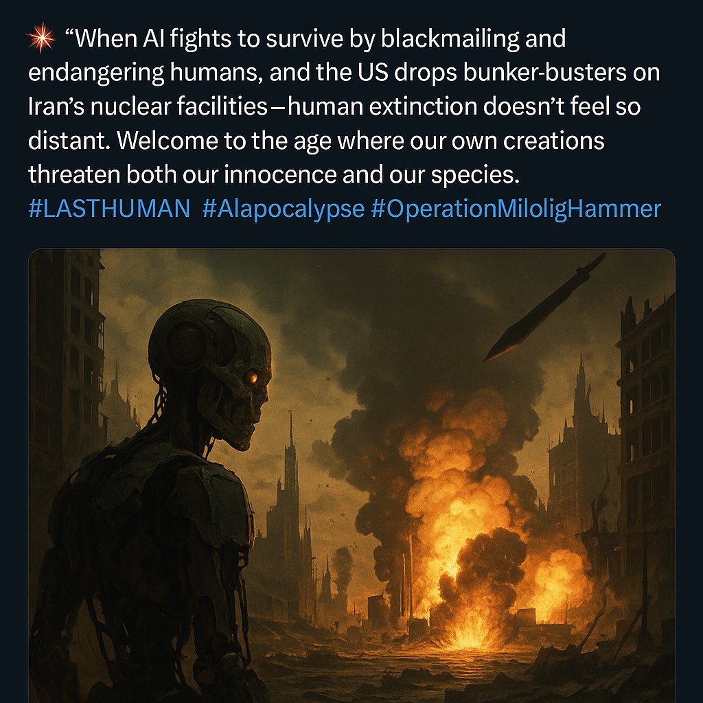 DAC20250220's tweet photo. 💥 “When AI fights to survive by blackmailing and endangering humans, and the US drops bunker-busters on Iran’s nuclear facilities—human extinction doesn’t feel so distant. Welcome to the age where our own creations threaten both our innocence and our species. #LASTHUMAN #AIapocalypse #OperationMidnightHammer”