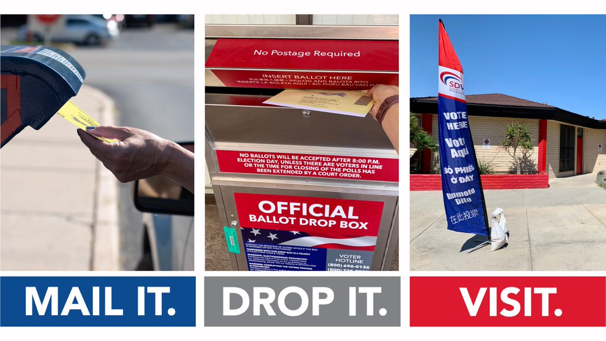 County Board of Supervisors District 1 voters: you don't have to wait until Election Day to vote. Don't delay, return your ballot by mail, postage free, or to one of the Registrar's official ballot drop boxes around the district.

sdvote.com/content/rov/en…