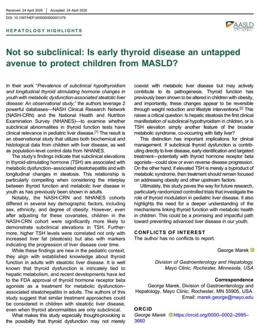 scottisaacsmd's tweet image. New study finds kids with #MASLD are more likely to have subclinical hypothyroidism, even after accounting for obesity and other factors. Higher TSH linked to worse liver outcomes.
journals.lww.com/hep/citation/2…
