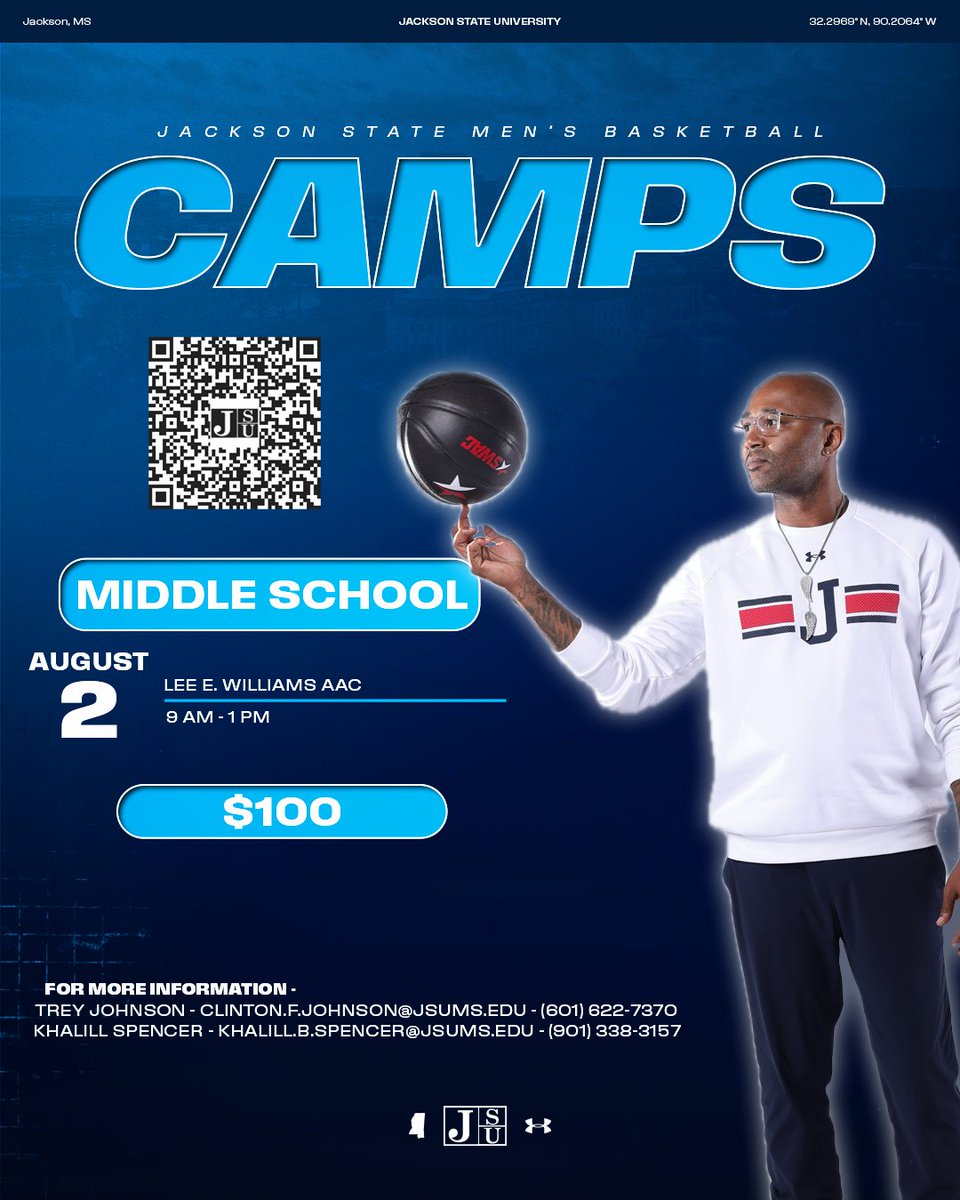 Camps are open to any and all entrants, limited only by space, age and grade level. It's the policy of JSU camps not to discriminate on the basis of sex, handicap, race, color, religion, marital status, veteran status, national or ethnic origin, sexual orientation

Scan code ⤵️