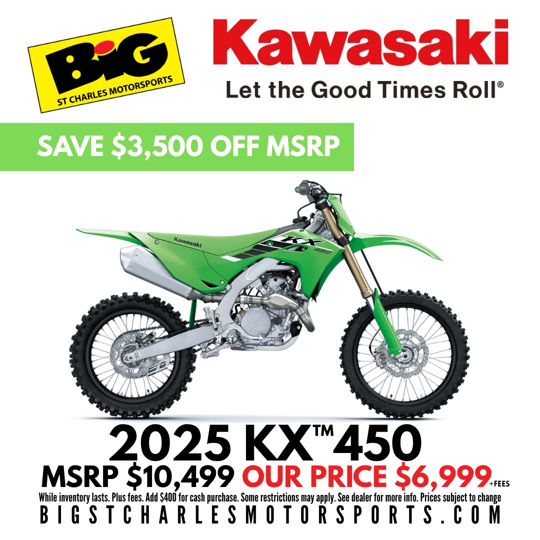 Beer Money Pulling Team (@beermoneypull) on Twitter photo 🔥 UNREAL DEAL ALERT! 🔥
The 2025 Kawasaki KX™ 450 is here and it’s READY TO RIP 💨
But the price? Even hotter than the bike!
💥 Save $3,500 OFF MSRP!
💸 MSRP: $10,499
💰 OUR PRICE: $6,999 + fees
Whether you’re hitting the track or dominating the trails, the new KX 450 🔥 UNREAL DEAL ALERT! 🔥
The 2025 Kawasaki KX™ 450 is here and it’s READY TO RIP 💨
But the price? Even hotter than the bike!
💥 Save $3,500 OFF MSRP!
💸 MSRP: $10,499
💰 OUR PRICE: $6,999 + fees
Whether you’re hitting the track or dominating the trails, the new KX 450