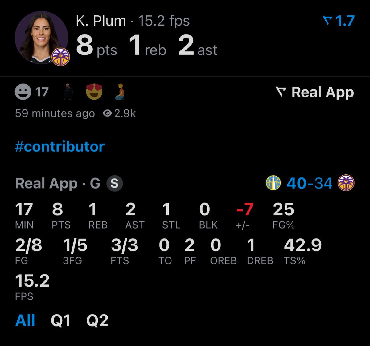 alwaysssaugtss's tweet image. Kelsey Plum contributing at the break for LA 💜💛

📊 8 PTS | 🧱 1 REB | 🎯 2 AST | 🛡️ 1 STL
🎯 2/8 FG | 💥 1/5 3PT | 💸 3/3 FT
⏱️ 17 MIN | 🔢 15.2 fantasy pts

Looking to heat up in the second half! 🔥
#Contributor #KPlum #HalftimeHustle #LAsparks #WNBA 💪🏀
#StayReady…